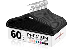 ‎HOUSE DAY HOUSE DAY Kleiderbügel Samt 60 Stück, Kleiderbügel Platzsparend Filz Bügel - Rutschfester, Premium Schwarzer Anzugbügel, 360° Drehbarer Haken, Schwarz