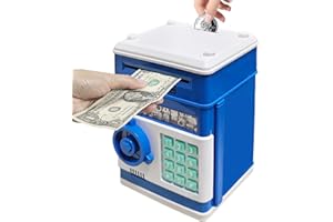 Vommery Hucha para niños de Juguete, Mini Caja Fuerte electrónica para cajero automático Bancos con Bloqueo de contraseña & Desplazamiento automático de Dinero para niños niñas (Azul Oscuro)