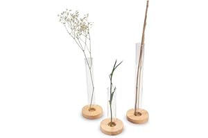 LUUK LIFESTYLE Juego de 3 jarrones de Flores de Vidrio Filigrana, pequeños, Mini, Redondos, Objeto de decoración Estilo escandinavo Minimalista para la habitación, Tubos de ensayo, Soporte de Madera