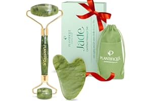 PLANTIFIQUE Rullo Giada Viso e Gua Sha | Jade Roller e Guasha Pietra Massaggiatore Antirughe | Kit Skincare Face Roll Massager | Idea Regalo Completo Facciale Corpo Piedi Massaggio Originale