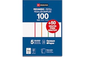 Miquelrius - Nachfüllblock A4 mit karierten Blättern 5x5 mm, 150 Blatt à 90 g/m² in 5 Pastellfarben, Mit Standardlochung für Ringordner, Schulmaterial