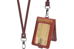 smatime Etui na identyfikator, dwustronne, ze skóry poliuretanowej, smukłe, kieszenie na karty kredytowe, kieszonkowe, z odpinaną smyczą, okienko na dokument, dla pracowników, uczniów, brązowe