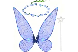 AONAT LED Fairy Wings for Girls Kids Women,Light up Butterfly Wings with Magic Wand & Flower Crown,Fairy Costume Set for Halloween,Cosplay, Birthday,Fancy Dress,Themed Party Decoration,Blue