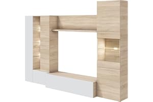 Habitdesign Salón Compacto 260, Mueble televisión, Modelo Essential, Acabado Roble Canadian y Blanco Brillo, Medidas: 185 cm (Alto) x 260 cm (Ancho) x 42 cm (Fondo)