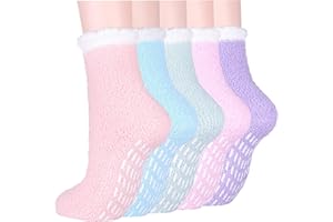 JAOSWISH Fluffy Slipper Socks for Women and Girls, 5 Pairs Warm Cosy Bed Fuzzy Socks with Grips, Winter Thermal Non Slip Grip Socks for Causal Home Sleeping