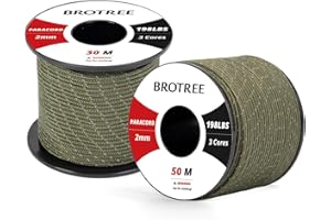 Brotree 2mm Paracord 3 Hebras 50M 100% Nylon Cuerda de Paracaídas para Al Aire Libre, Artesanía, Bricolaje - 90kg Carga de Rotura (Reflectante Ejército Verde)