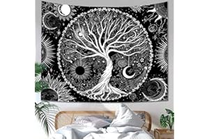Sequpr Tapisserie de Arbre de Vie Soleil et Lune Tapisserie Tenture Murale Noire Tapisserie Murale pour Chambre à Coucher Salon Décoration Murale 150 x 200 cm