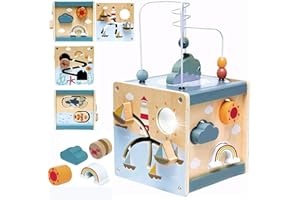 MAYCOLY Motorikwürfel Aktivitätswürfel aus Holz 6-in-1 Aktivitäts-Center mit Aktivitäts-Center mit Perlenlabyrinth und Sortieren Spielzeug Holzspielzeug Formsortierung Farberkennung für Kleinkinder ab 1 2 3