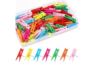 Push Pins with Wooden Clips - Vaktop 50PCS Wooden Pegs with Pushpins, Multicoloured Drawing Pins - for Cork Boards Notes Photos Display Wall (with Storage Box)