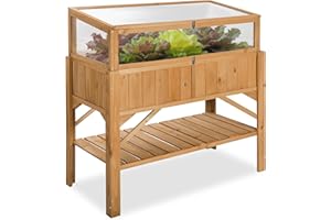 tectake® Jardinera Exterior de Madera, Cama Elevada con Inserto Protector, Jardinera con Lámina de Protección y Estantería, Resistente a Viento e Intemperie, Ideal Huerto Urbano, Macetero,115x57x34cm