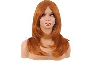 MapofBeauty 20 Pulgada/50 cm Largo Layered Pelucas Con Flequillo Lacio Sintética Fibras Shoulder Largo Cabello Para Diario Fiesta (Naranja)