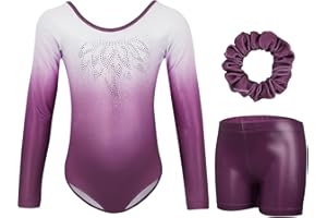 Gogokids Justaucorps 3 pièces pour filles, à manches longues, avec short et bandeau, scintillant, pour ballet, tenue de gymnastique avec design de couleurs dégradé pour 3 à 12 ans