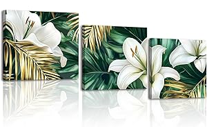Piy Painting Nature Canvas Wall Art, Greenish Lily Flower Prints for Walls, White Green Framed Artwork, Print Painting For Living Room Office Meeting Room Bathroom Entrance, 3 Panel 12x12 inch