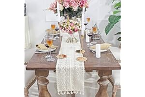 DÉCOCO Beżowy bieżnik z makramy, 20 x 190 cm, bieżnik na stół, prostokątny, z koronką, elegancki obrus z siateczki, do rustykalnego stylu boho, dekoracja ślubna, dla panny młodej i dziecka