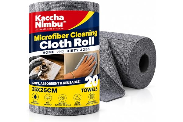 Kaccha Nimbu Microfiber Cleaning Cloth Roll, 20Pcs, 4000 Times Washable - 10X Cheaper Than Paper Kitchen Towel Roll - Ultra A