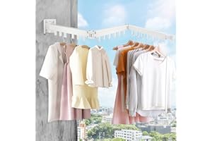 SWAWIS Suszarka na pranie, montaż ścienny, drążek na ubrania, 120 cm, wysuwany, składany, z 18 haczykami, na balkon, pranie, do łazienki, sypialni, trzy składane, biała