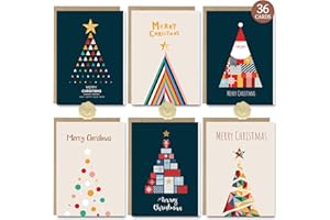 LEGEZON 36 Pack Christmas Cards with Envelopes, Eco-Friendly Foldable Greeting Cards for Family, Friends, Colleagues & Business Partners, Art Style Holiday Card Box，Gold Foil Stickers, No Glue