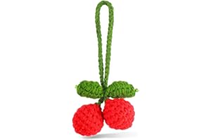 COMNICO Cute Cherry Car Mirror Hanging Ornament, Car Rear View Mirror Interior Pendant Accessories Hand Knitted Crochet Car Decor for Women Girls