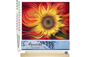 Figured'Art Dipingere con i Numeri - Paint by Numbers Girasole Rosso, Passatempo per Adulti, Kit Completo, Hobby Creativi - 40x50cm cornice in legno fai da te