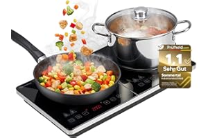 ‎SOMMERTAL Sommertal Induktionskochfeld 2 Platten 3500W - Super Slim Design, tragbar, bis 240 °C, 4h Timer, Touch-Bedienung, Induktionskochplatte doppelt, Induktionsplatte, Induktionsfeld