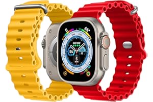 NUKELOLO 2 Stück Ocean Armband Kompatibel mit Apple Watch Ultra 49mm 45mm 44mm 42mm 41mm 40mm 38mm, Soft Silikon Sport Armband für iwatch Serie Ultra 8 7 6 5 4 SE (Gelb/Rot, 49/45/44mm)