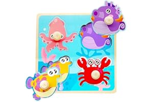 Yeefunjoy Puzzles Madera para Niños, Puzzles Infantiles de Madera con Mango, Juguetes Montessori Puzzles Animales Marinos Juguetes Bebes Educativos, Puzzle Madera Infantil Juguetes Niños 1 2 3 Años