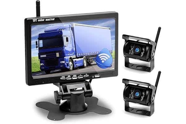 Hikity Caméra de Recul sans Fil 7" Kit Campeur avec 2 Caméras Arrière Divisées avec Vision Nocturne IP67 étanche pour Camions, Remorques Bus Voitures Camping-Cars Vans 12V-36V