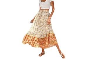 VIOYAVO Women Casual Boho Long Skirt Vintage Floral Print Bohemian Style Half Dress Elastic Waist Flowy Swing Midi Skirt Summer Spring