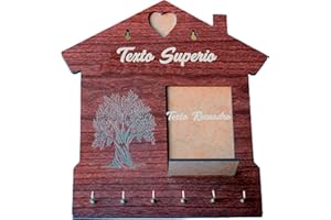 EDURAIT Colgador de llaves en madera para pared Personalizado/Soporte llaves con 6 ganchos/Portallaves decorativo grabado, con marco para foto y con estilo vintage en forma de casita. (Personalizado)