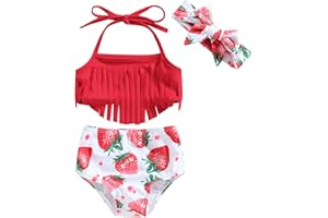 ESSECMBS 3Pz Costume da Bagno Neonata Bikini Mare Set Bambina Bikini Top con Nappe+ Pantaloni da Bagno Stampa Fragole/Fiore+Fascia per Neonata