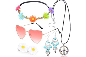 Edmirfun Accesorios Hippie Costume Set,Juego De Disfraz Hippie Mujer,Bohemio Pendientes,Collar Signo de La Paz,Gafas de Sol,diademas de flores,accesorios de vestir hippie retro de los años 70 y 80