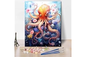 TISHIRON Zestaw do malowania po numerach, dla dorosłych, ośmiornica i kwiaty, obraz olejny, stworzenia morskie, abstrakcyjna sztuka, obraz do dekoracji ścian w domu, bez ramy, 41 x 51 cm, L