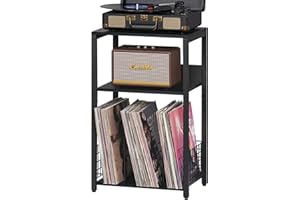 LELELINKY supporto per dischi a 3 livelli, tavolino vintage per scaffali in vinile, tavolo per giradischi con spazio di archiviazione per un massimo di 100 album,Nero