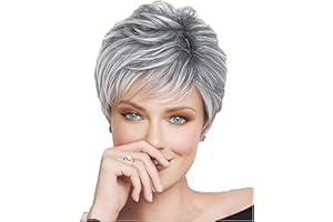 Becus Parrucca Donna Pixie Cut Parrucca Grigia Corta Full Natural Layer Straight Fluffy Parrucche Sintetiche Parrucche Grigie con Radici Grigie per le Donne (Ombre Sliver Grey)