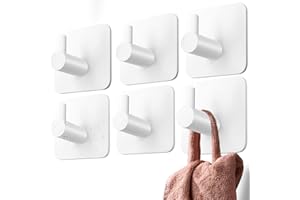 4smile Self Adhesive Hooks - 6 pcs Strong White Sticky Hooks for Hanging Towels - Stick on for Heavy Duty Waterproof, Bathroom Towel Rail, Tea Towel Holder
