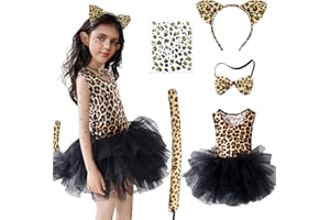 Kitimi Costume Leopardo Bambina, Leopardo Carnevale Costume con orecchio di Leopardo Papillon Coda Adesivo Facciale,Costume Carnevale Bambino Vestito Cosplay Costume