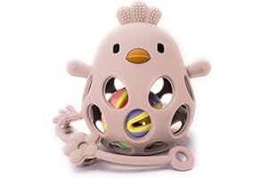 MÜVI - Mordedor bebé sensorial con sonajero y cadena, Mordedor de dentición +3 meses, Silicona alimentaria, suave y sin BPA, Fácil de agarrar y morder, Alivio para encías - Teether (Rosa Palo)