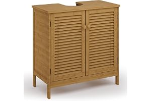 Tvättställsskåp 60 cm i Bambu med U-formad Utskärning, 2 Lamelldörrar, Justerbar Hylla, Underskåp för Badrum, 60x30x60 cm