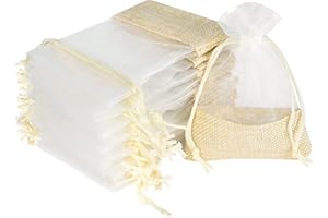 ILAUKE Gift Bags with Jute Fabric, 36 Organza Bags, Splicing Jute Bags, Weddings, 9 x 12 cm, Reusable Bags for Filling with Drawstring for Birthdays, Christmas, Sweets