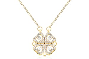 Tobestu Brass Cubic Zirconia Lucky Four Leaf Clover Necklaces for Women Girls, Folding Heart Necklace, Foldable Jewelry Gifts YA4658