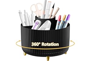 SHPUCISE Desk Organiser, 360°Rotating Pen Holder Pen Pot, Makeup Brush Holder with 5 Compartments, Desktop Storage Stationery Supplies Organizer, Pencil Holders for Desk Tidy Home, School, Office (Black)