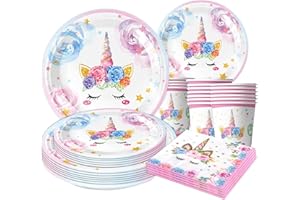 CANCJ Einhorn Partygeschirr Set,Einhorn Geburtstag Geschirr Party Deko mit Papier Teller Becher Servietten für Party Kindergeburtstag Einhorn Partyzubehör Dekoration Set Junge Mädchen