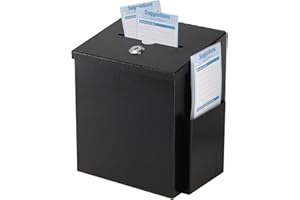 TOPZEA Suggestion Box with Lock, Wall Mounted Ballot Donation Box Collection Box, Metal Freestanding Suggestion Box with 50 Free Suggestion Cards, Key Drop Box, Black, 9"x 7.4"x 6"