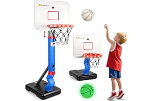 Herenear Panier de Basket pour Enfants avec Tableau de Bord Électronique, Hauteur Réglable de 77-140 cm, Panier de Basket Exterieur Interieur avec 2 Ballons, 4 Cercles
