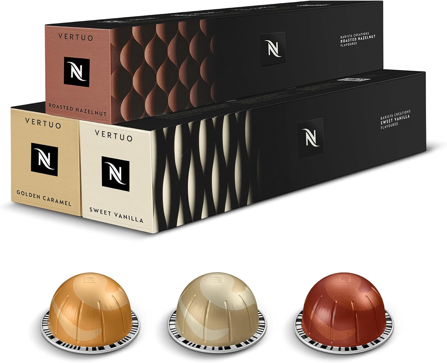Nespresso Vertuo Coffee Pods Flavoured Variety Pack - 30 Capsules (3 sleeves) Includes 10 Caramel, 10 Vanilla, 10 Hazlenut Pods – for Mug & Gran Lungo