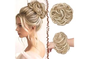 FESHFEN Moños Postizos, Natural Rizado Ondulado Postizo Moño Sintético Extensiones de Cabello Pelo Desordenado Coleta Postiza para Mujer 55g, Rubio Oscuro Cenizo