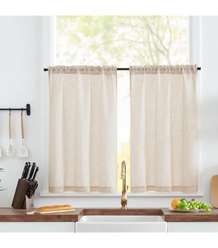 TOPICK Vitrage, bistrogordijn, set van 2 stuks, 115 H x 90B cm, raamgordijn, linnenlook, gordijn, modern, gaas, sjaals, lichtdoorlatend, raamsjaal, keuken, woonkamer, landhuisstijl, taupe