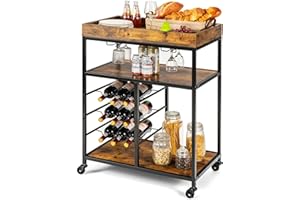KOMFOTTEU Carro de servir con soporte para copas de vino, carrito de cocina con estante para vino, carrito de bar, estilo industrial, carrito de acero y madera, para cocina, comedor, bar, 71 x 44 x