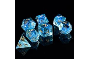 ORUZA 7 PCS Polyhedral DND Dice Resin Sharp Edge Die D&D Dice Set for Dungeons and Dragons RPG MTG Table Games (Light Blue & Gold)