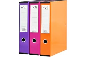 NOTI Box File Laminated Foolscap, Lockspring, Ring Pull & Catch, 75mm Spine, Assorted Box of 3, Purple, Pink & Orange